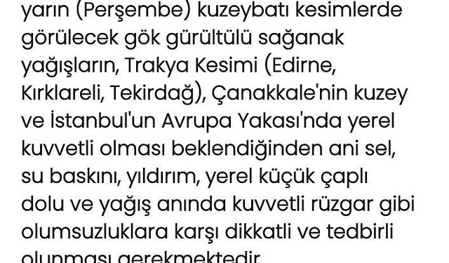 Trakya ve İstanbul Avrupa Yakası İçin Kuvvetli Yağış Uyarısı