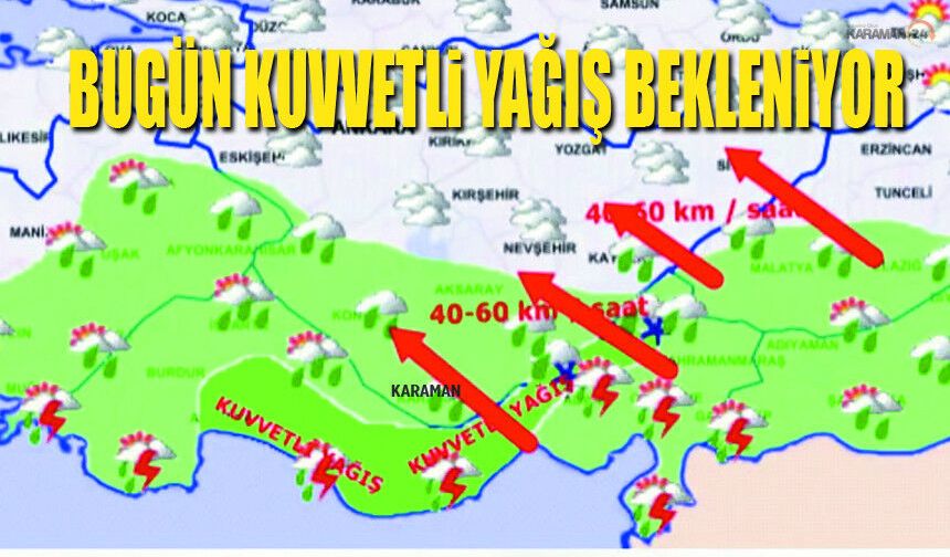Karaman ve Çevresi İçin Kuvvetli Yağış ve Rüzgar Uyarısı
