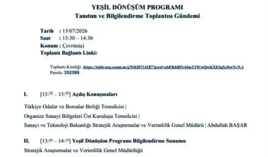 Karaman'da Yeşil Dönüşüm Programı Bilgilendirme Toplantısı Çevrimiçi Yapılacak