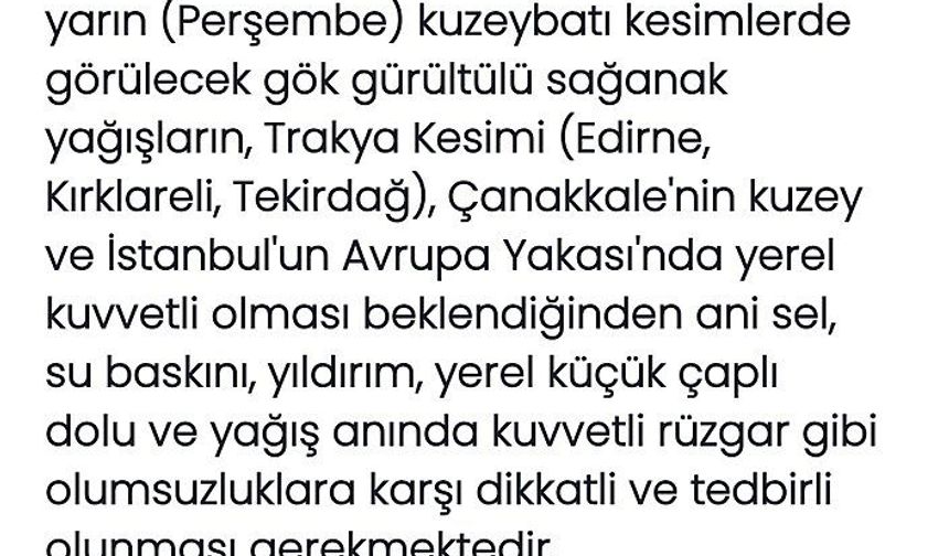 Trakya ve İstanbul Avrupa Yakası İçin Kuvvetli Yağış Uyarısı